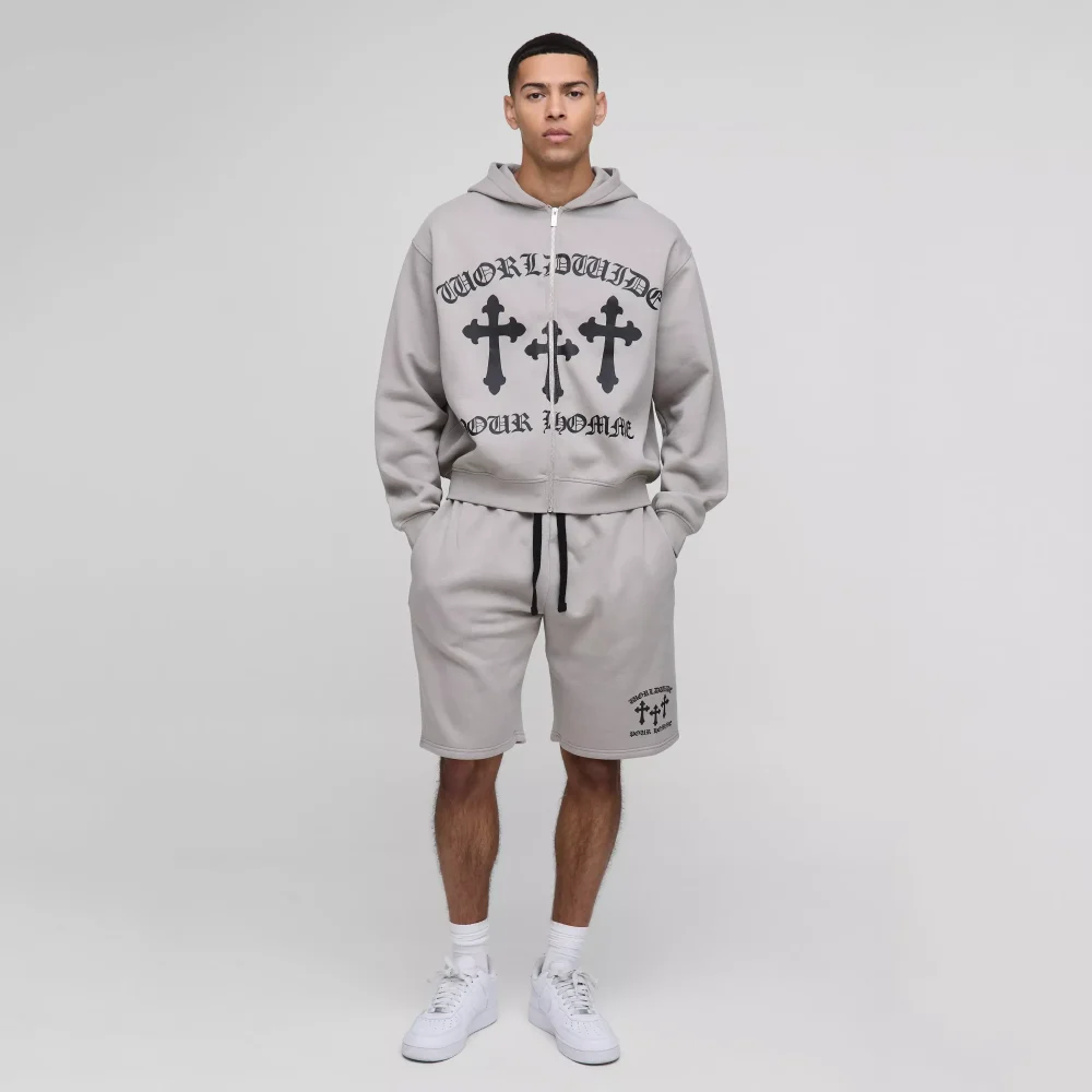 Oversized Boxy All Over Heart Printed Hooded Tracksuit